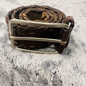 DKNY Brown Braided Leather Belt – Adjustable 36” – Silver Buckle